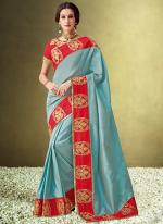 Sattin Silk Blue Wedding Wear Embroidery Work Saree